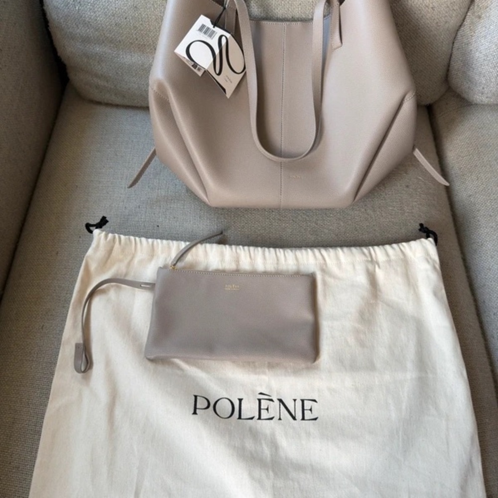 Polene Beige Leather Tote and Pouch Set